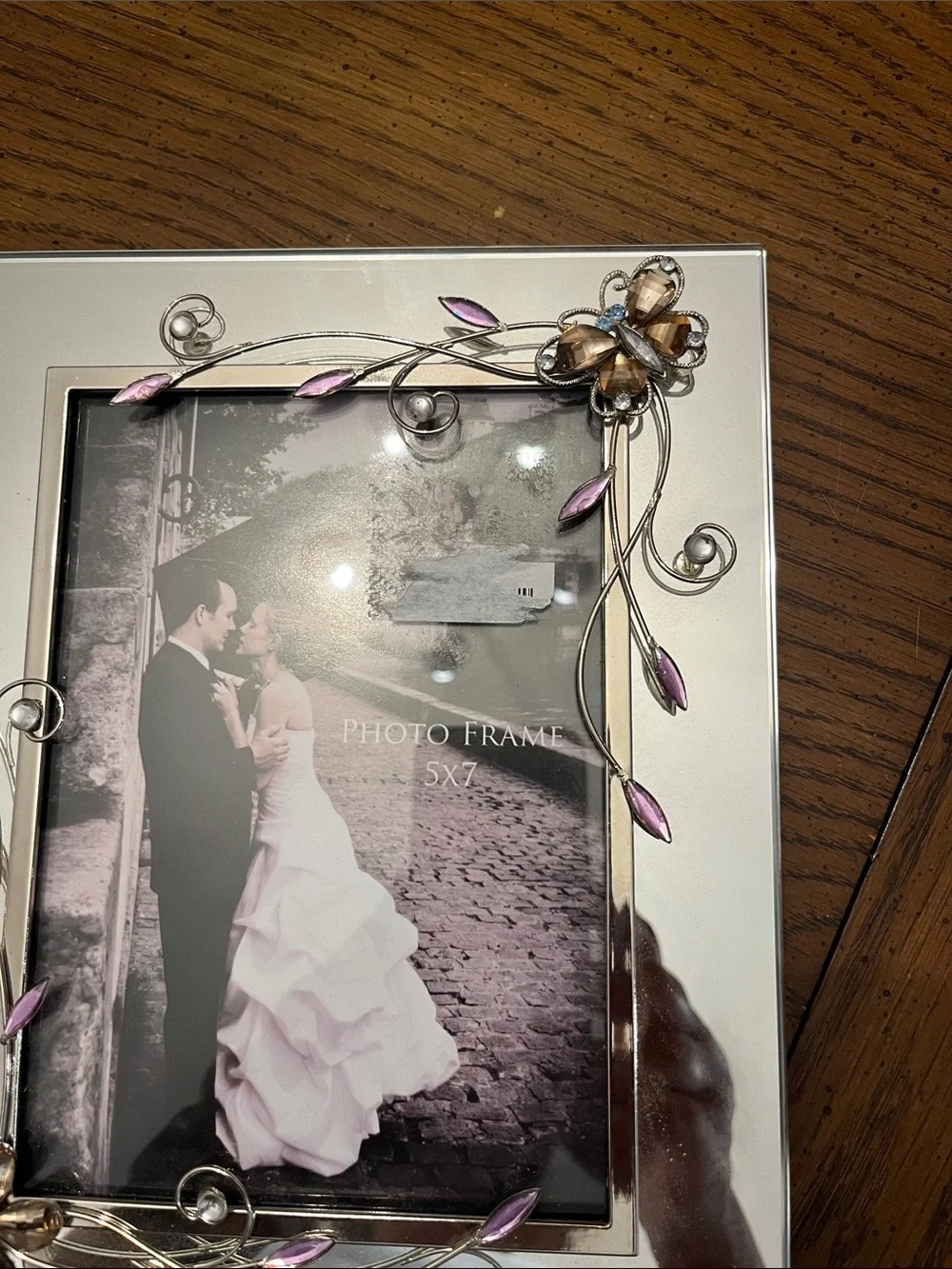 Decorative Glass Photo Frame with Purple Accent Wire Floral Design, 5x7